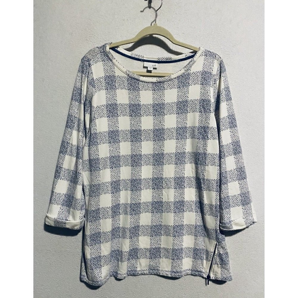 J Jill Top Womens Large Blue White Buffalo Plaid Zipper Accent Stretch Knit
